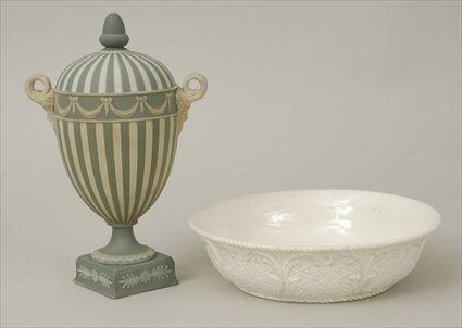 Appraisal: Wedgwood Green Jasperware Covered Urn Marked Together with a Wedgwood