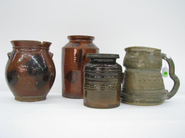 Appraisal: Group of antique redware and stoneware including bean pot heavy