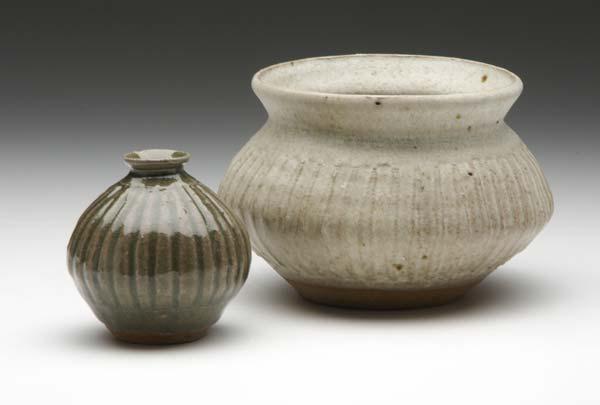 Appraisal: KATHERINE PLEYDELL-BOUVERIE Two ribbed stoneware vessels covered in matte white