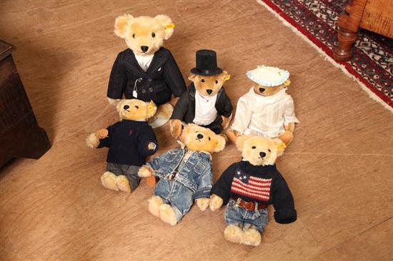 Appraisal: SIX STEIFF TEDDY BEARS Two in suits two in sweaters