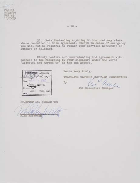 Appraisal: RITA HAYWORTH Contract signed by Hayworth for The Story on