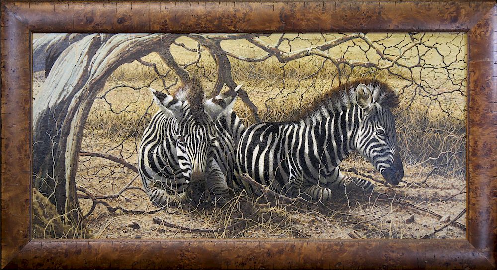 Appraisal: Garreth Hook Painting of Zebras Resting Garreth Hook Painting of