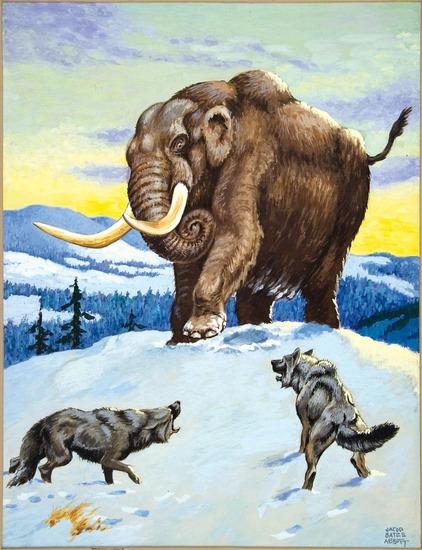 Appraisal: ABBOTT Jacob Bates Ohioan Mastodon and Dire Wolves Gouache on