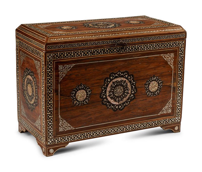 Appraisal: A Moorish Style Pewter and Mother-of-Pearl Inlaid Trunk Height x