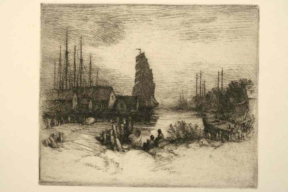 Appraisal: ETCHING - Tall Ship arriving at harbor at dusk by