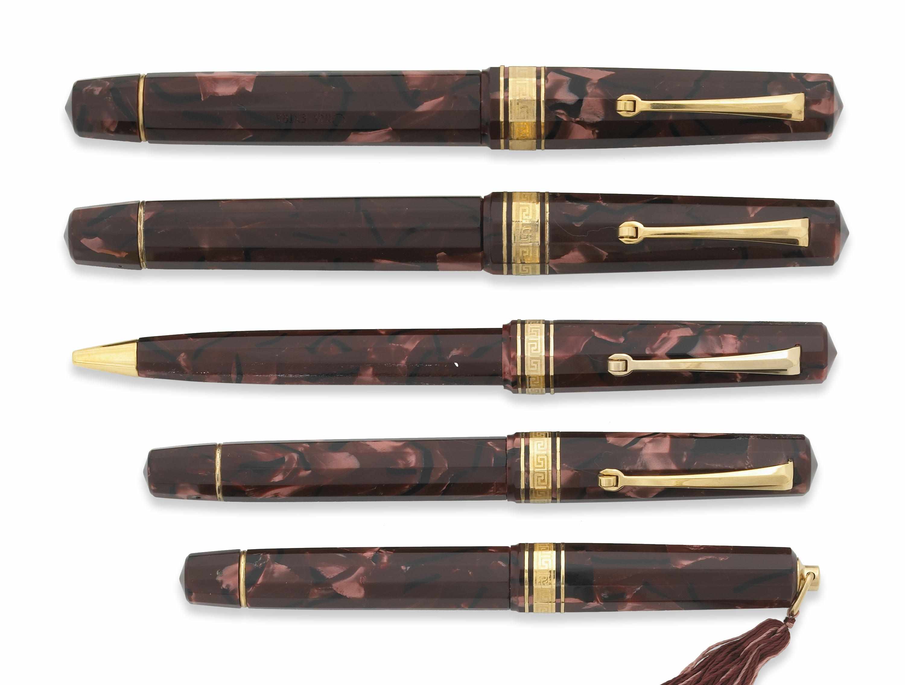 Appraisal: OMAS Celluloid Collection Five piece set red marbled celluloid Includes