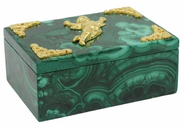 Appraisal: Small green malachite box th c lid with ormolu cupid