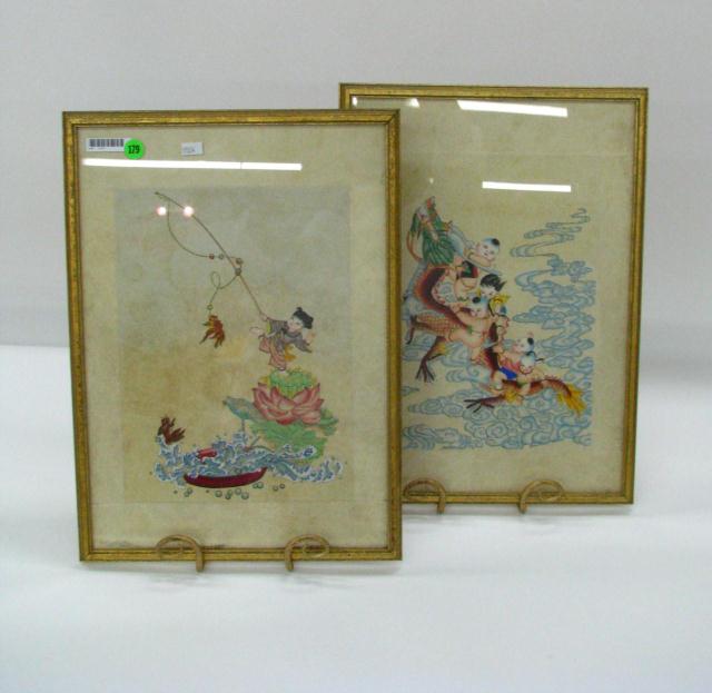 Appraisal: Two Japanese watercolor paintings depicting children one is fishing one