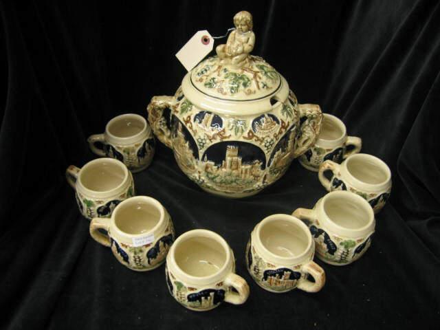 Appraisal: German Pottery Punchbowl Cups covered style town scenes child finial