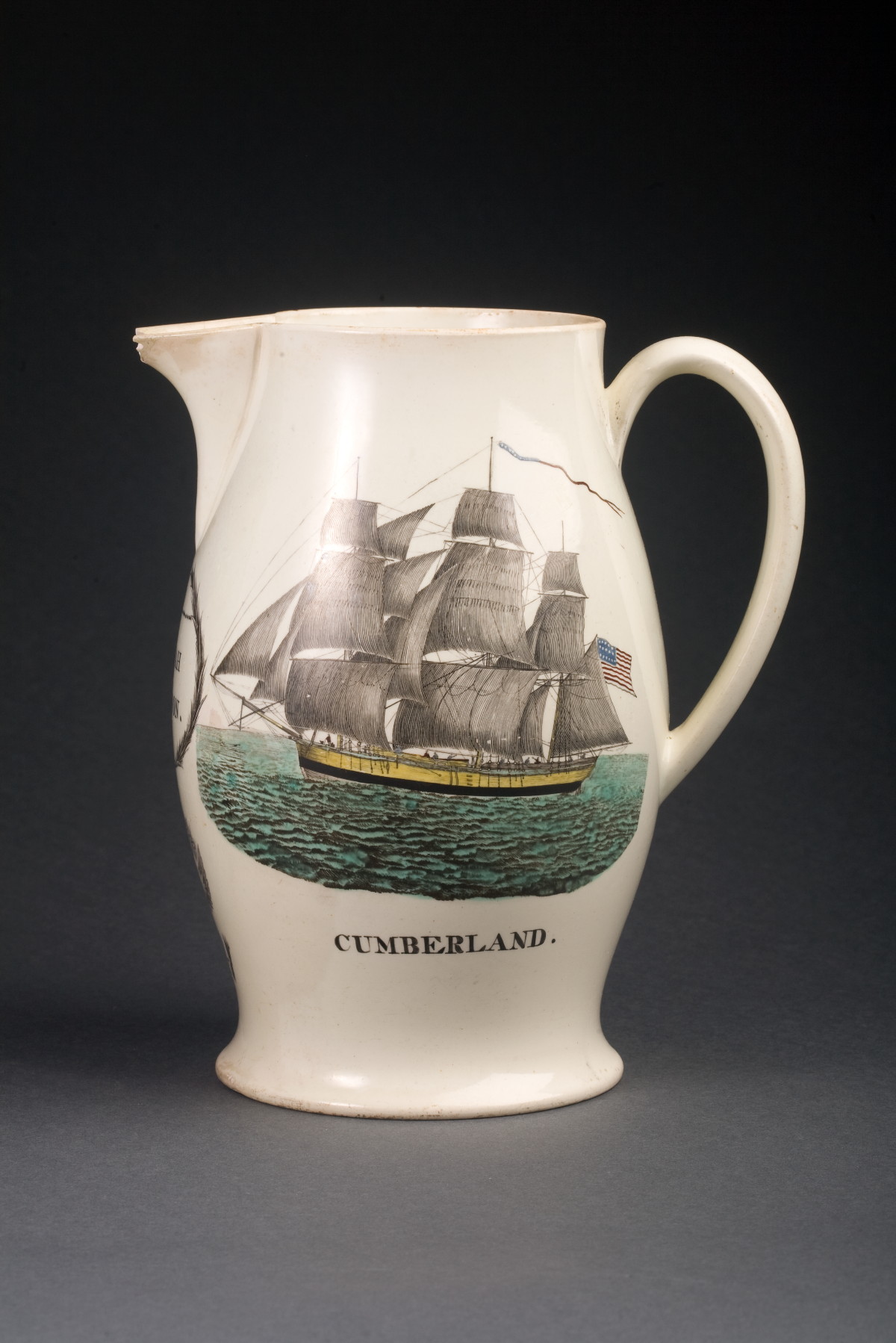 Appraisal: ENGLISH CREAMWARE ENAMEL-DECORATED AND BLACK TRANSFER-PRINTED PRESENTATION JUG LIVERPOOL WILSON