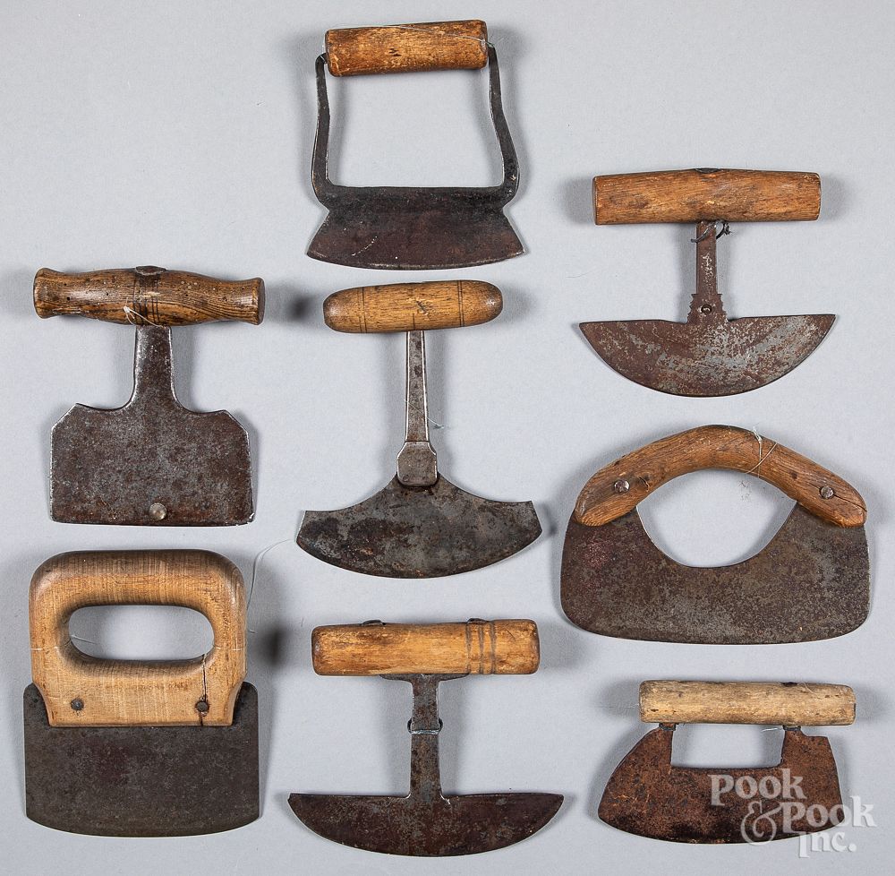 Appraisal: Eight early wood and iron food choppers Eight early wood