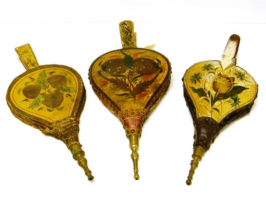 Appraisal: Three painted bellows two decorated with fruit on a black