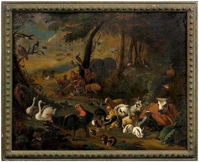 Appraisal: th century Flemish School painting Orpheus charming the animals unsigned