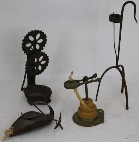 Appraisal: WROUGHT IRON AND BRASS LIGHTING DEVICES TOINCLUDE A BRASS WAX