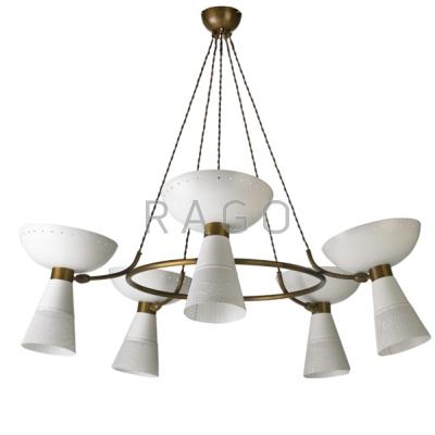 Appraisal: STILNOVO Attr Double-coned five-arm chandelier Italy s Patinated brass enameled