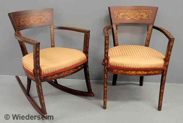 Appraisal: Dutch marquetry inlaid mahogany open armchair and rocker set Armchair-