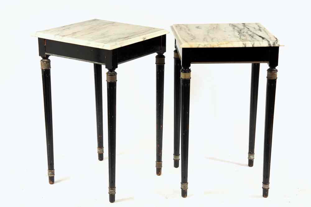 Appraisal: PAIR MARBLETOP EMPIRE STANDS - Black Lacquer and Brass Banded