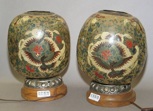 Appraisal: Two Asian style table lamps with painted globe-form lantern covers