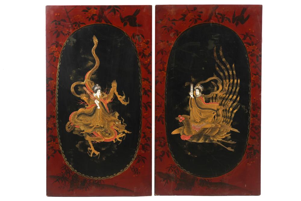 Appraisal: PAIR OF CHINESE LACQUERED INLAID WOOD DRAGON PANELSCondition one with