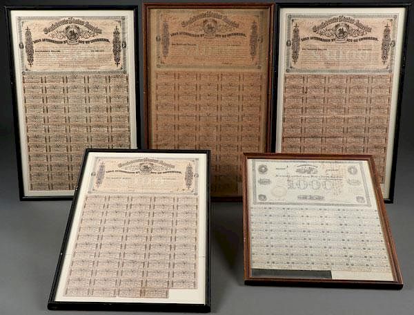 Appraisal: A GROUP OF FIVE LARGE CONFEDERATE WAR BONDS A GROUP