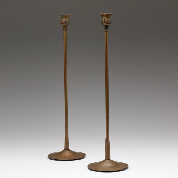 Appraisal: HENRY G CLEAVELAND Pair of tall copper candlesticks with leaf