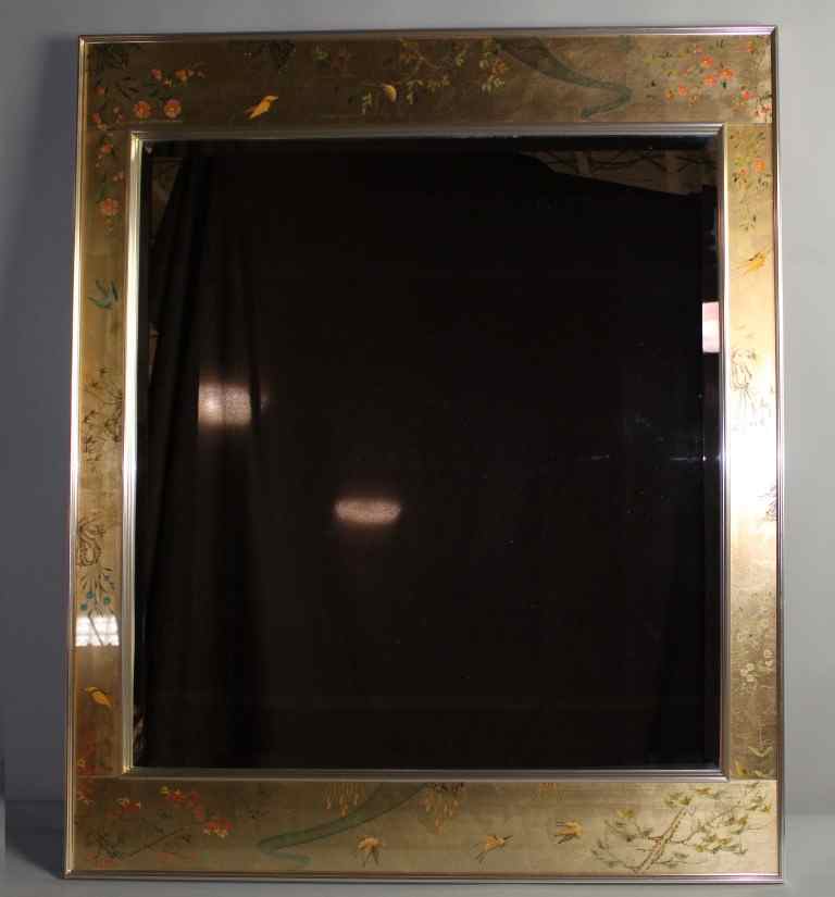 Appraisal: LABARGE GILDED AND POLYCHROME DECORATED MIRROR The rectangular bevelled mirror