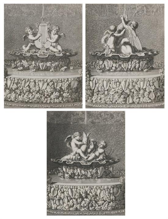 Appraisal: THREE FRENCH BLACK AND WHITE ENGRAVINGS OF VERSAILLES PALACE FOUNTAINS