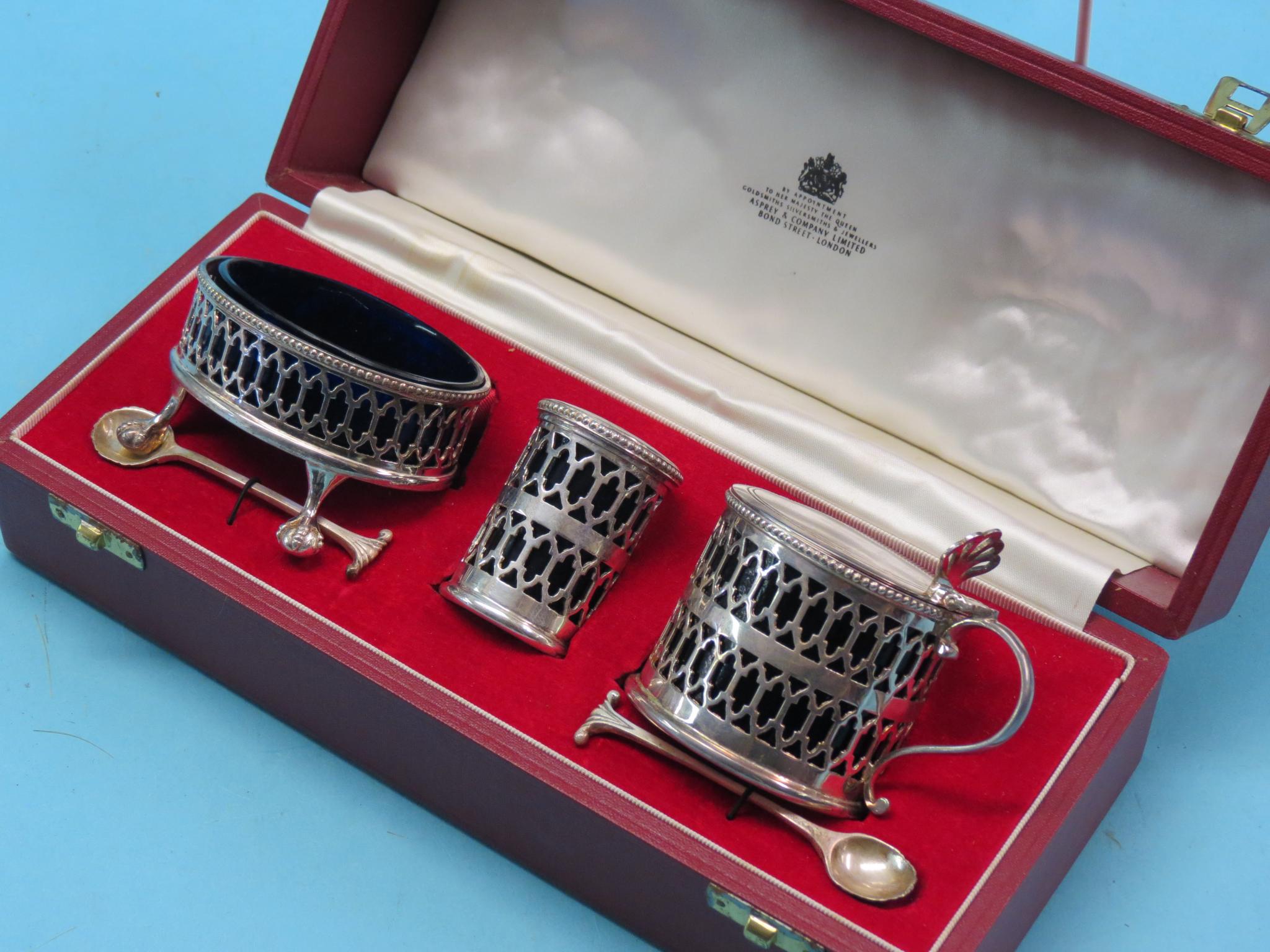 Appraisal: An Asprey silver condiment set mustard pot with hinged cover