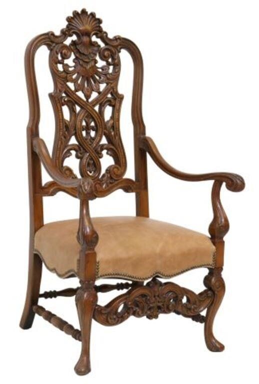 Appraisal: Baroque style walnut armchair th c having shell crest over