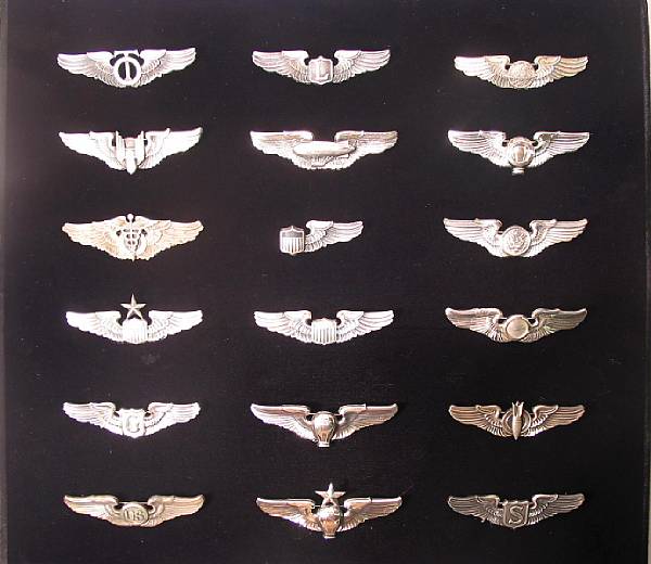 Appraisal: A framed collection of U S pilots wings Comprising Technical