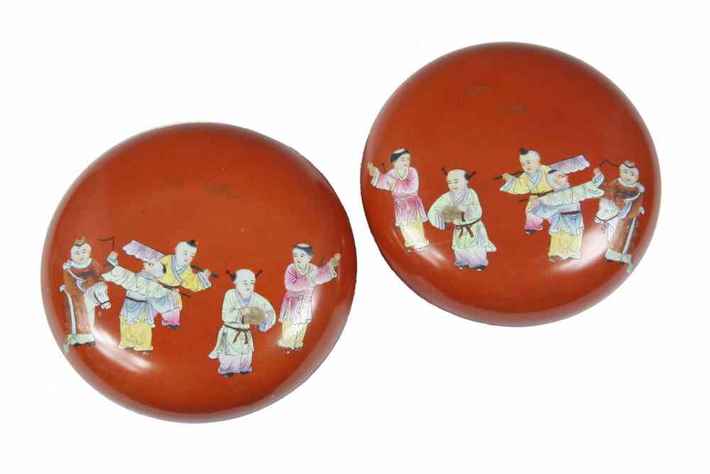 Appraisal: PAIR CHINESE COVERED PORCELAIN BOXES - Pair Round Porcelain Covered