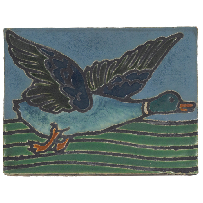 Appraisal: Rare and large Hartford Faience tile incised and colorful mallard