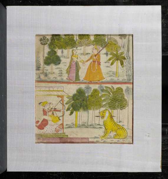 Appraisal: AN EMBRACING COUPLE WITH A TIGER MINIATURE PAINTING India Rajasthan