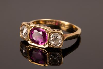 Appraisal: A ruby and diamond three-stone ring set in ct yellow