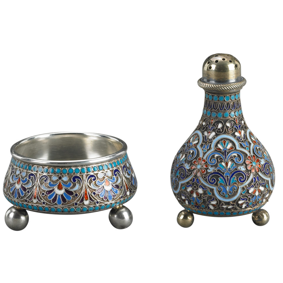 Appraisal: Russian Silver and Cloisonn Enamel Pepper Caster and Open Salt