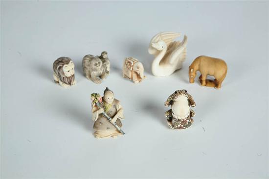 Appraisal: SEVEN NETSUKES Japan th century ivory Spread-wing swan horse elephant