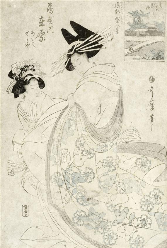 Appraisal: KITAGAWA UTAMARO - Two ban tate-e Seal signature Stained