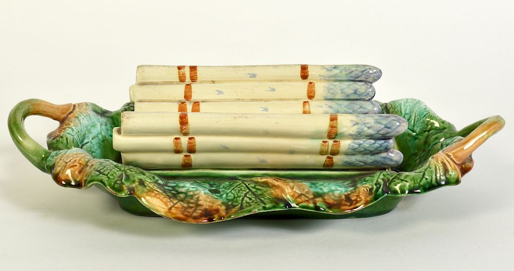 Appraisal: French Majolica Asparagus Server French Majolica twin handled tray base