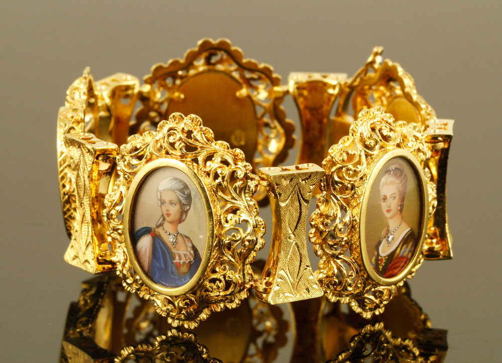 Appraisal: A - K Gold Bracelet with Painted Portraits K yellow