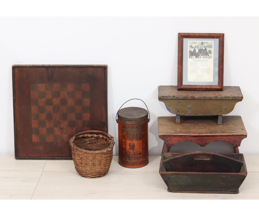 Appraisal: Woodenware to include a game board foot stools a woven