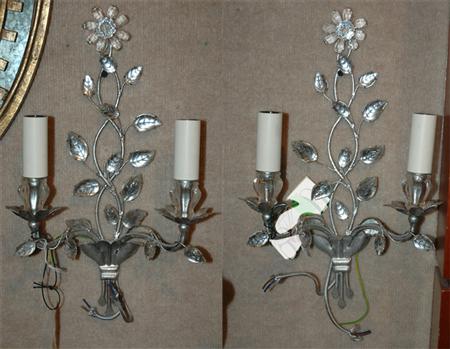 Appraisal: Pair of French Crystal and Silver Leaf Entwined Two-Light Sconces