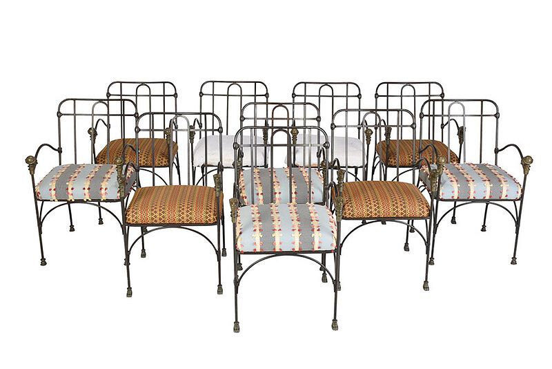 Appraisal: Fine Set of Ten Wrought Iron and Bronze Armchairs California