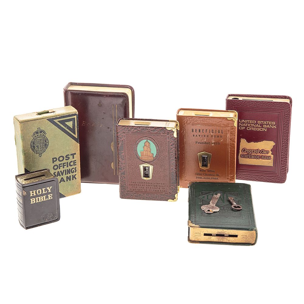 Appraisal: Seven Assorted Book Form Small Coin Banks First half th