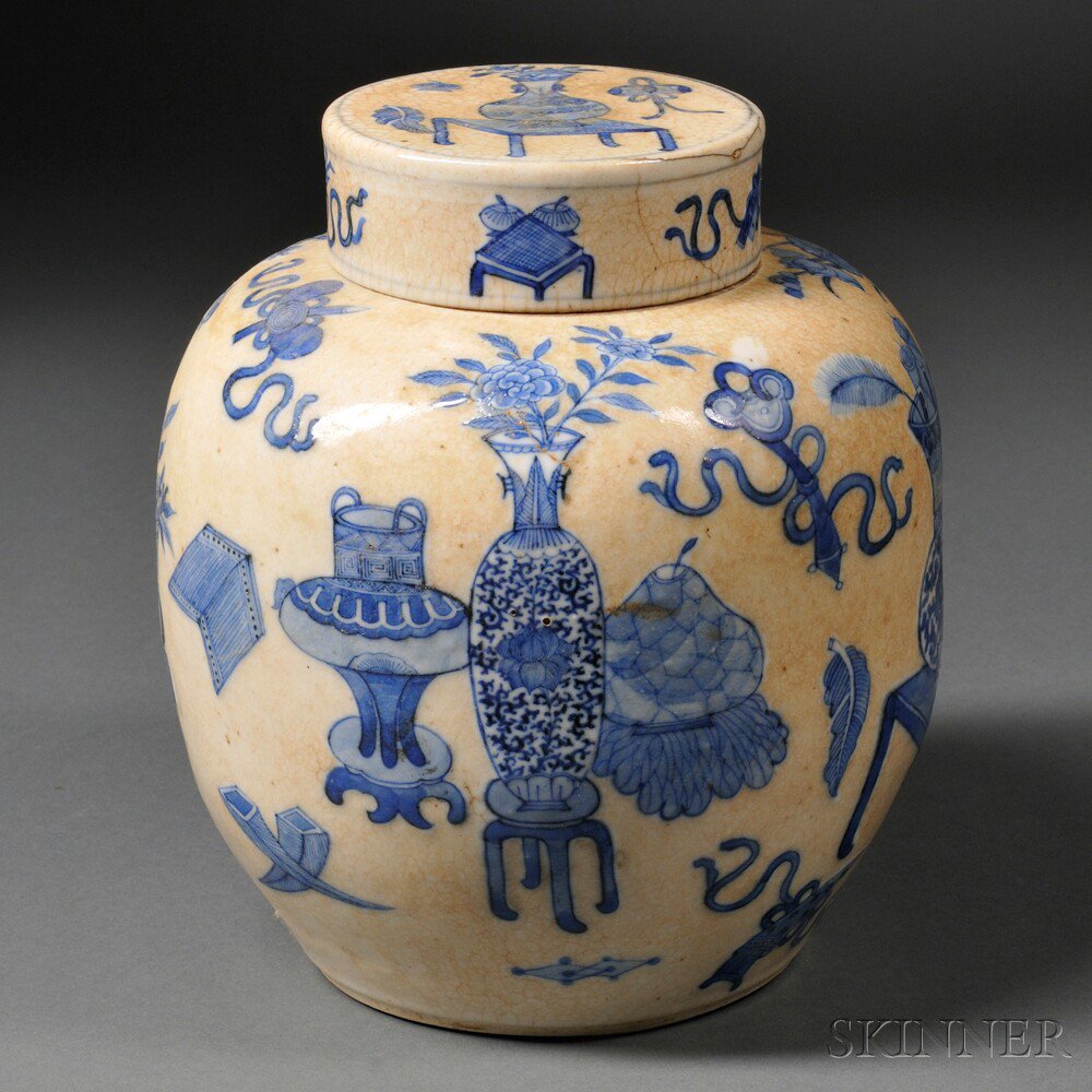 Appraisal: Ge-ware Covered Jar China th century globular decorated with blue