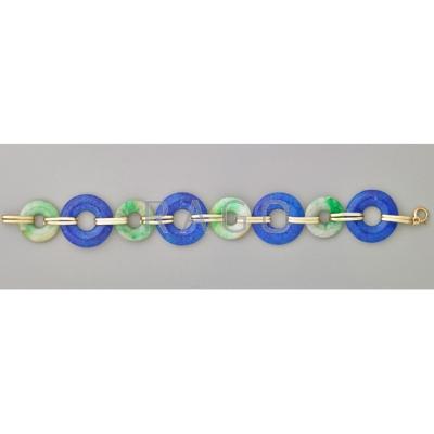 Appraisal: ART DECO BLUE GLASS AND JADE K GOLD BRACELET Ca