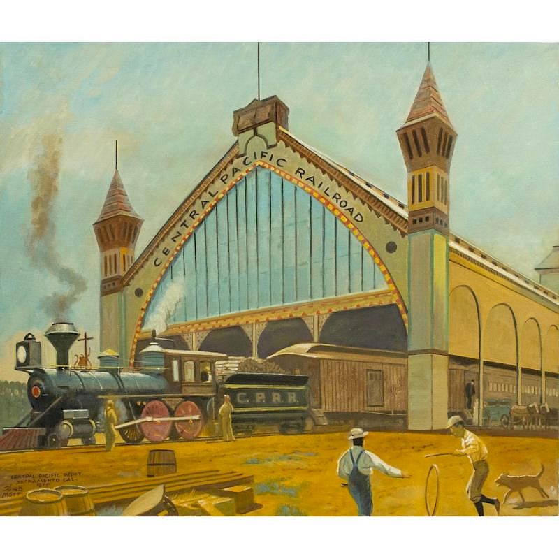 Appraisal: Herb Mott b Painting Central Pacific Depot Sacramento Cal Unframed