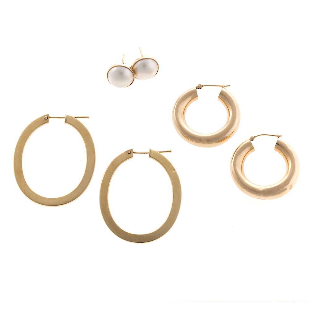 Appraisal: Two Pairs of Gold Hoops and Mabe Pearl Earrings K