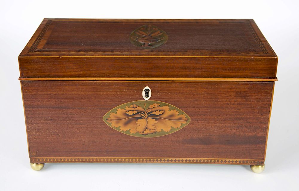 Appraisal: Large Regency Mahogany Tea Caddy Floral Inlay on Lid Olive