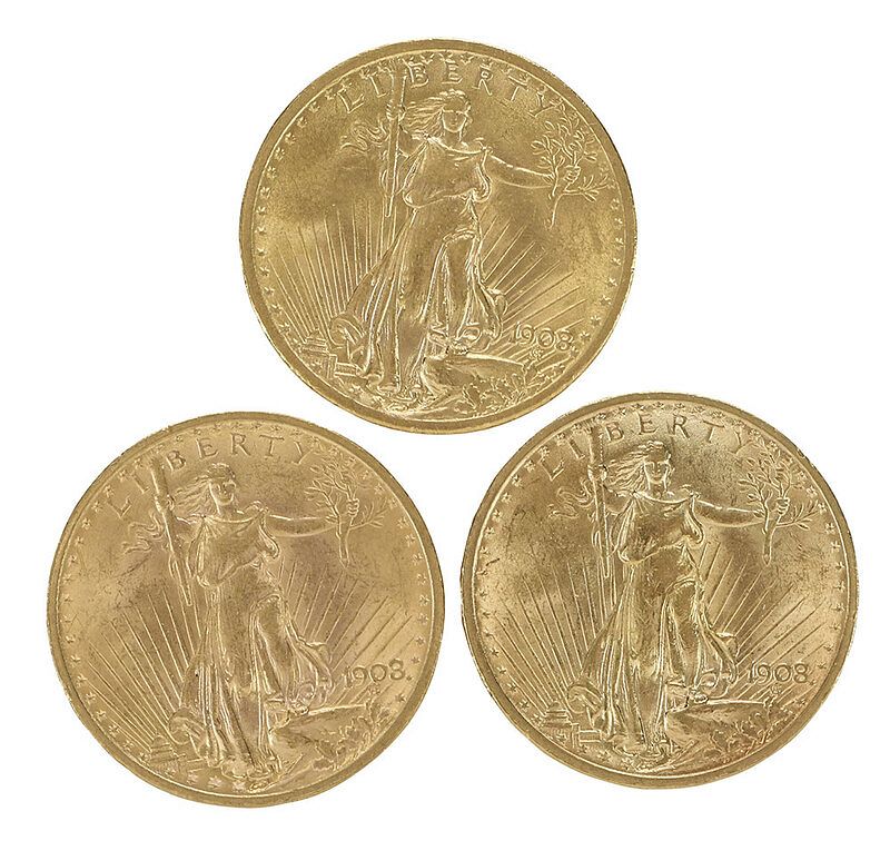 Appraisal: Three Gold Double Eagle Coins each a No Motto St