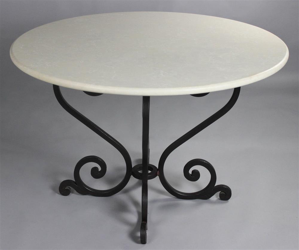 Appraisal: SPANISH SILESTONE TOPPED CIRCULAR TABLE WITH BLACK IRON SCROLL BASE